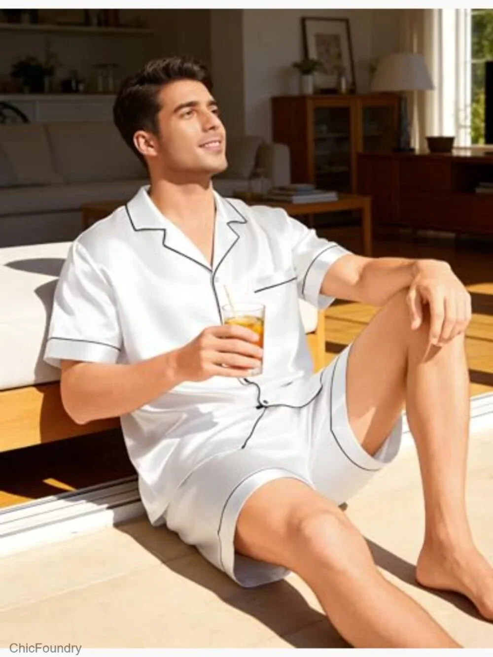 Men Silk Pajama Set Short Sleeve Satin PJs 2 Piece Button Down Sleepwear